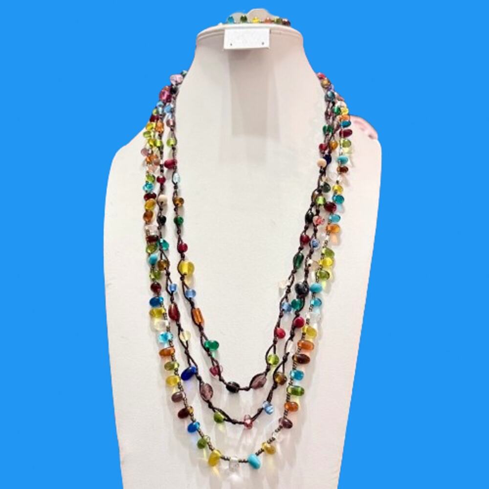 Pair of Artisan Boho Colorful Glass Beaded Long Necklaces